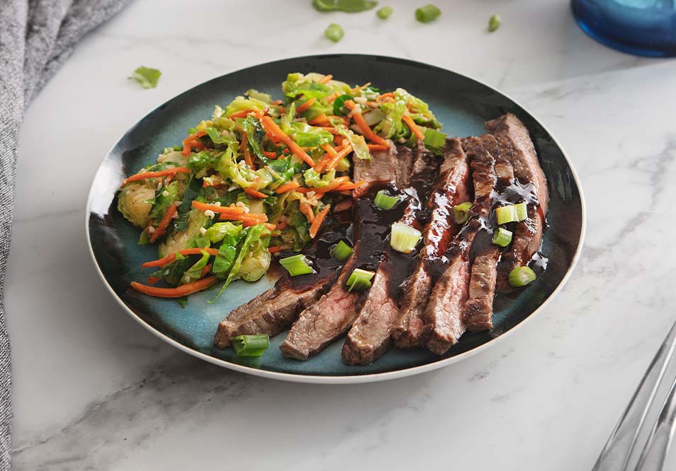 Grass-Fed Mongolian Beef with Miso-Ginger Brussels Sprouts 