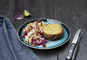 Grass-Fed Beef Gouda Burger with Cranberry Almond Coleslaw