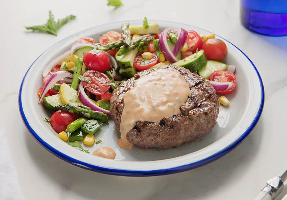 Grass-Fed Beef Burger with Remoulade and Marinated Vegetable Salad