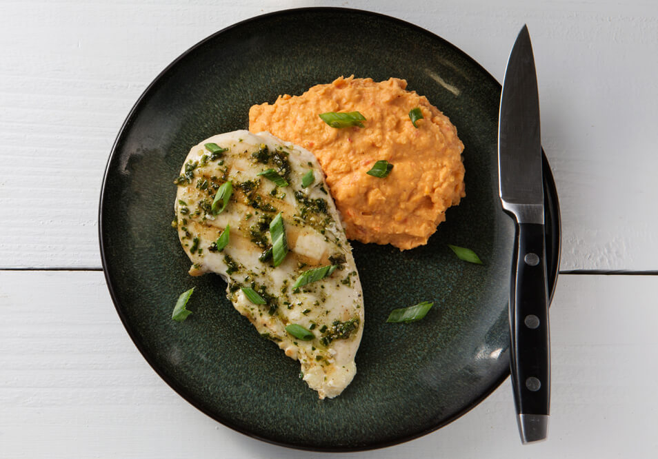 Grilled Spice Rubbed Chicken Breast and Roasted Red Pepper Hummus