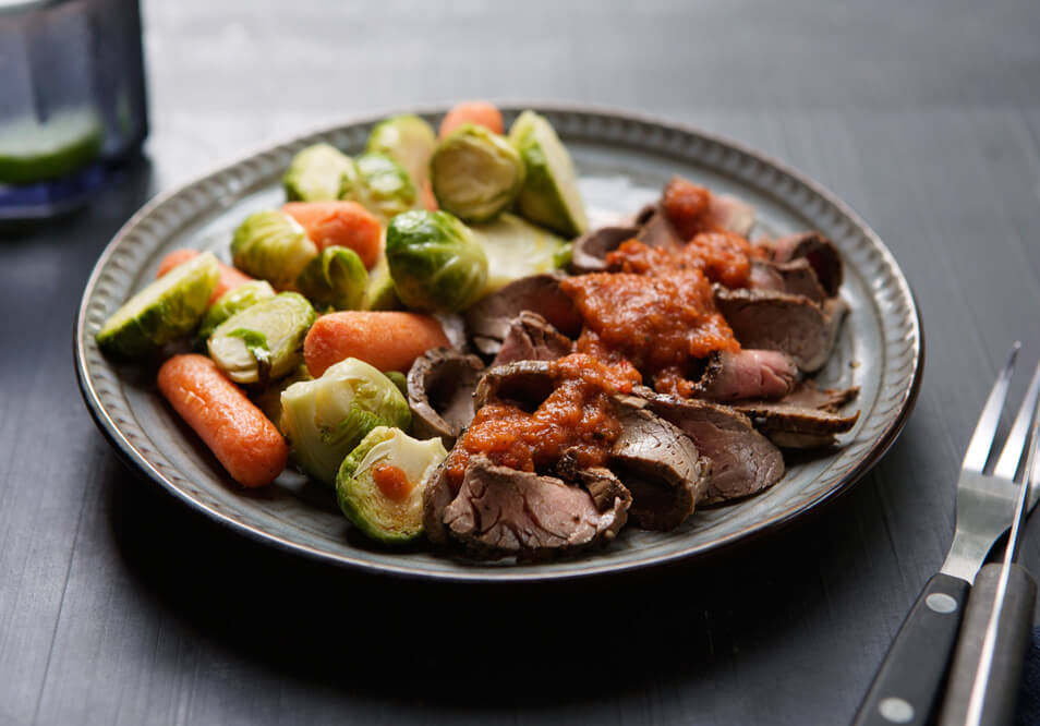 Grilled Grass-Fed Beef Flank Steak Provencal and Roasted Vegetables