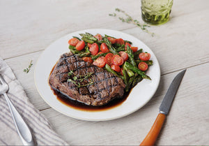 Grilled Grass-Fed Top Sirloin Steak with Au Jus and Asparagus and Tomatoes