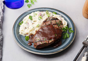 Grilled Grass-Fed Top Steak with Classic Steak Sauce and Mashed Red Potatoes