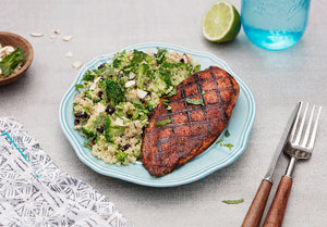 Grilled Harissa Chicken Breast with Roasted Broccoli and Quinoa Salad