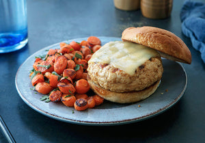 Grilled Swiss Turkey Burger with Roasted Carrots and a Gluten-Free Bun