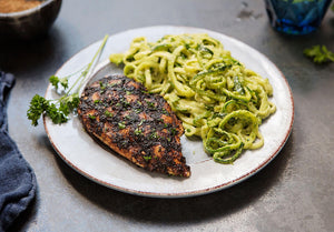 Grilled Porcini Rubbed Chicken with Walnut and Sage Pesto Dressed Zucchini Noodles