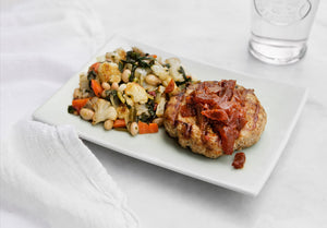 Grilled Organic Free-Range Turkey Burger with Bacon Relish, White Beans, Spinach and Roasted Cauliflower