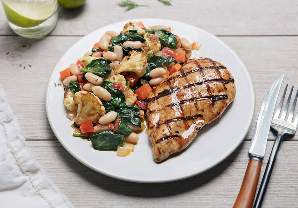 Grilled Balsamic Chicken with Spinach and White Bean Saute