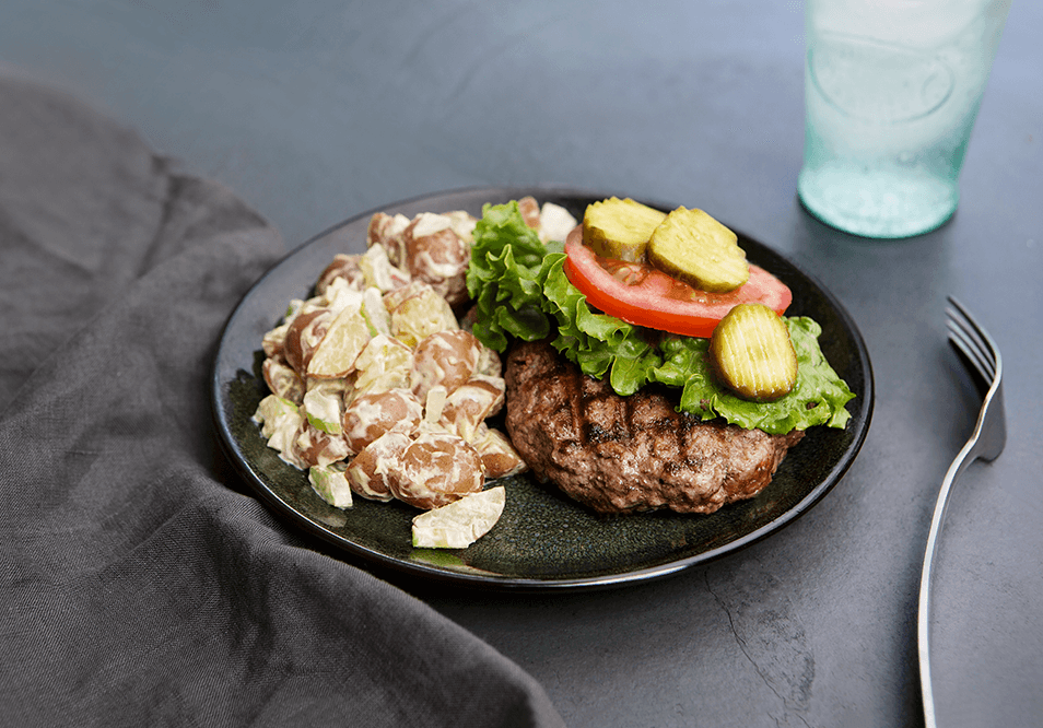 Grilled Grass-Fed Beef Burger with Perfect Potato Salad