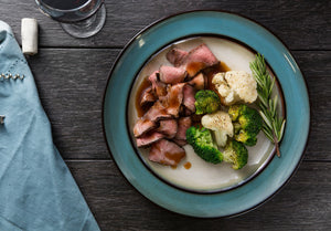 Grilled Grass-Fed Steak and Classic Steak Sauce with Roasted Broccoli and Cauliflower