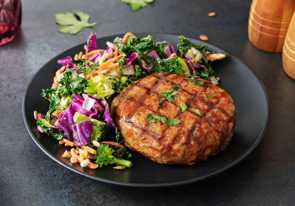 Grilled Organic BBQ Turkey Burger with Honey Mustard Broccoli Salad