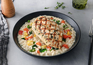 Grilled Chicken and Creamy Parmesan Risotto with Spring Vegetables