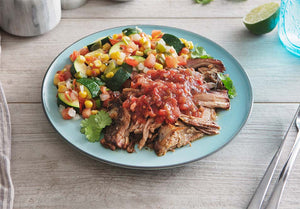 Heritage Pork Carnitas with Roasted Tomato Salsa and Mexican Zucchini and Corn Saute