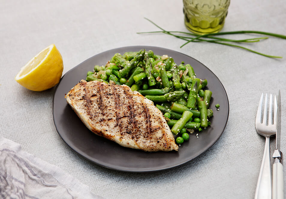 Smoked Chicken with Pan-Seared Lemon-Honey Asparagus, Green Beans and Peas