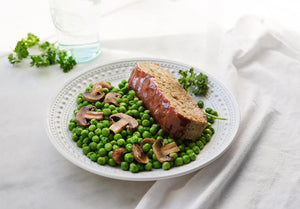 Honey BBQ Grass-Fed Beef Meatloaf with Peas and Mushrooms