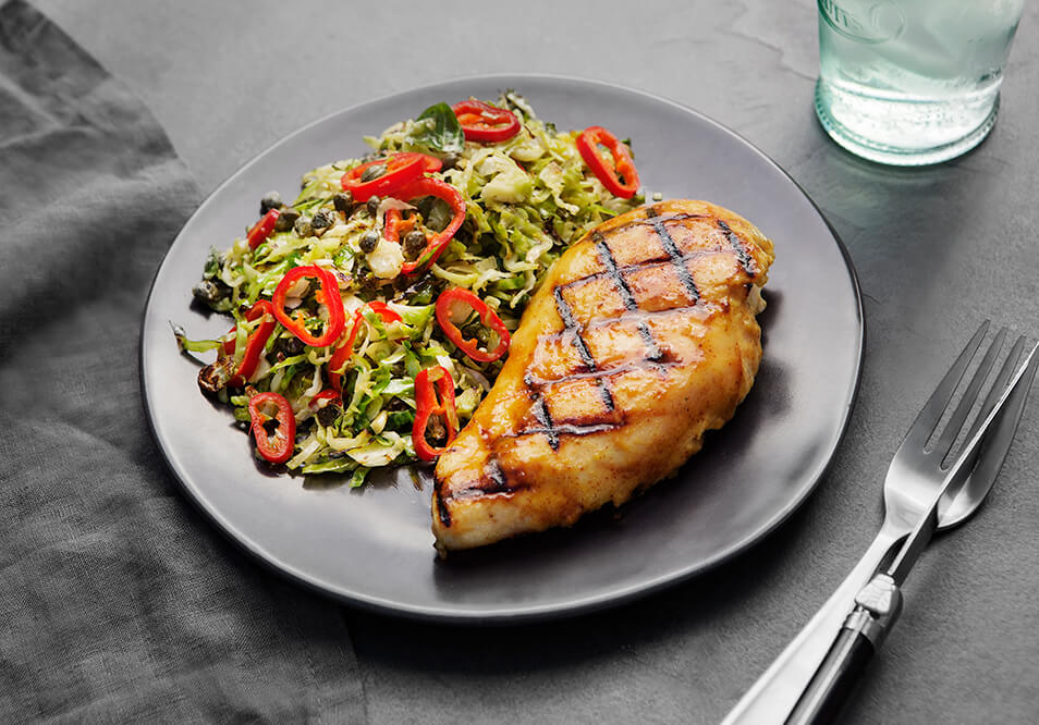 Honey Mustard Chicken with Shredded Brussels Sprouts, Capers and Fresno Chilies