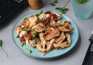Honey-Glazed Pulled Chicken with Roasted Cauliflower, Turkey Bacon and Caramelized Onions