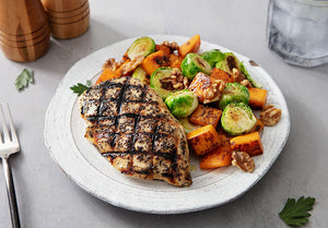 Wildflower Honey Poppyseed Chicken with Roasted Squash and Brussels