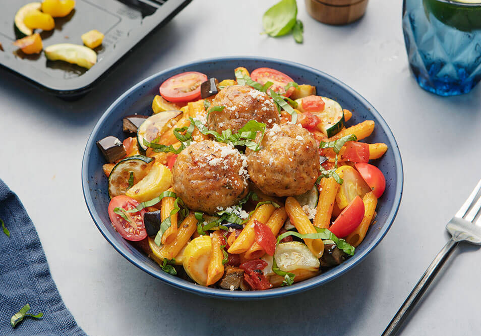 Italian Chicken Meatballs with Garden-Fresh Pasta