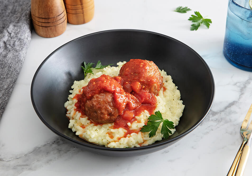 Italian Free-Range Turkey Meatball Cacciatore with Garlic Parmesan Risotto