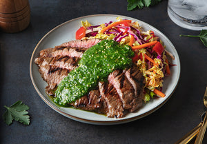 Korean BBQ Grass-Fed Flank Steak with Sesame Seed Chimichurri and Garlic Chili Slaw