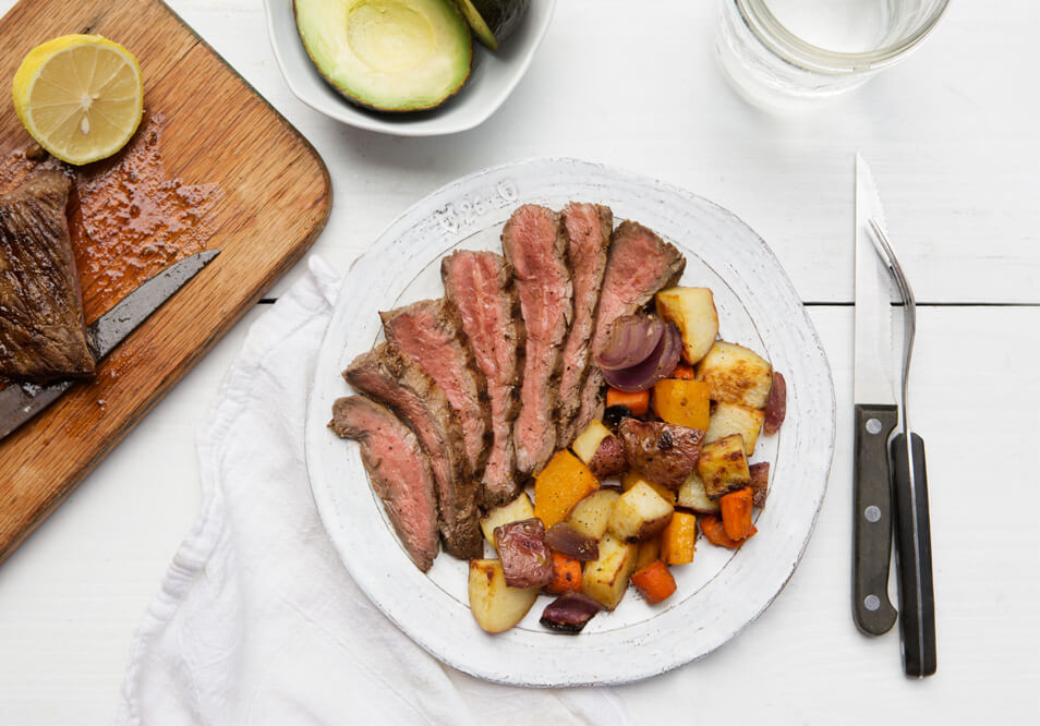 Lemon Avocado Marinated Grass-Fed Flank Steak with Roasted Vegetables