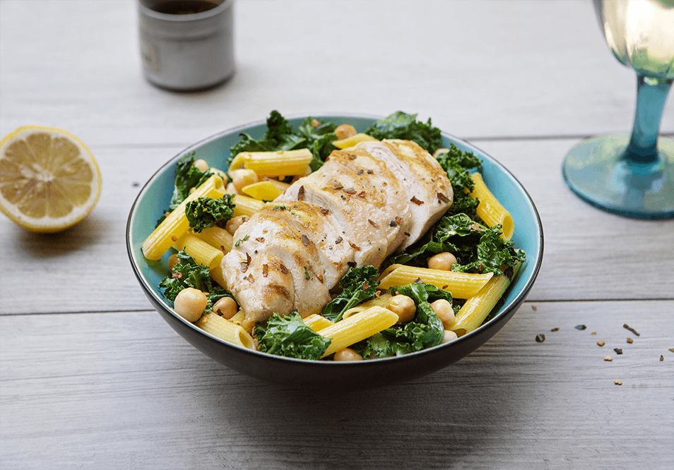 Grilled Chicken and Penne Pasta with Shredded Kale, Garbanzo Beans, Lemon and Garlic