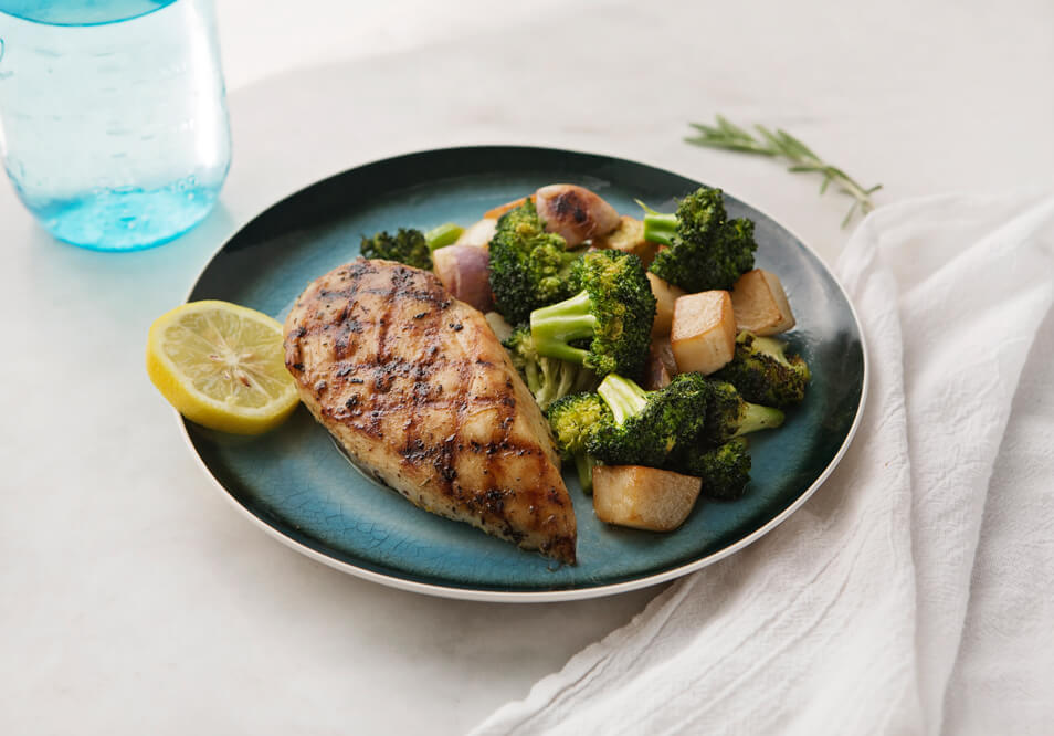 Lemony Rosemary Grilled Chicken with Roasted Turnips and Broccoli