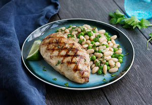 Lime and Avocado Marinated Chicken with White Bean and Spring Pea Salad