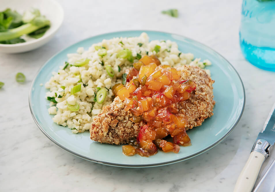 Macadamia Nut Crusted Chicken with Mango Salsa and Herbed Cauliflower Rice