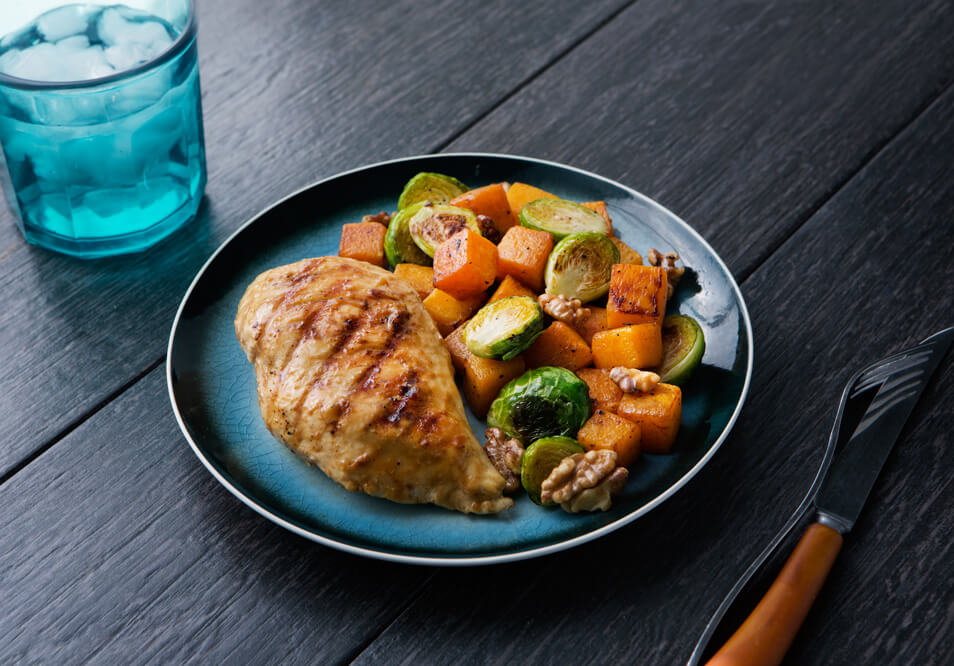 Maple Mustard Chicken with Brussels Sprouts, Butternut Squash and Walnuts