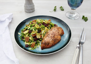 Maple and Pepper Glazed Chicken with Shredded Brussels Sprouts, Pecans and Cranberries