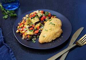 Mexican Breaded Chicken with Sauteed Black Beans and Vegetables