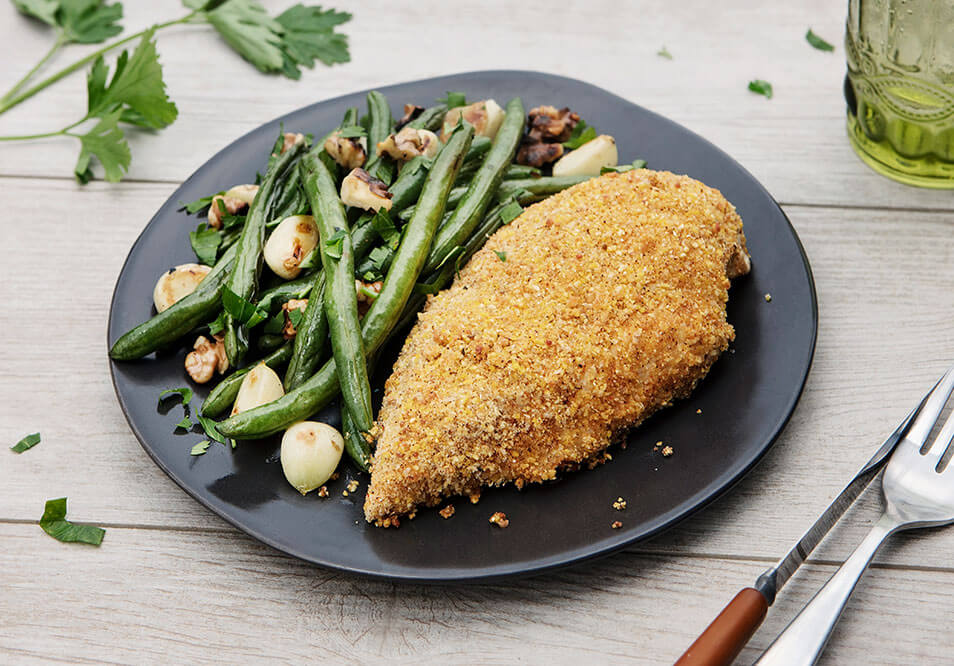 Southwest Cornmeal Breaded Chicken with Garlicky Green Beans