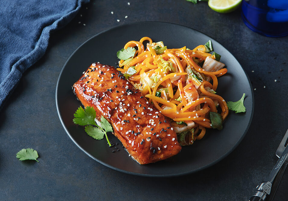 Miso-Glazed Wild-Caught Salmon with Hot and Sour Sweet Potato Noodles