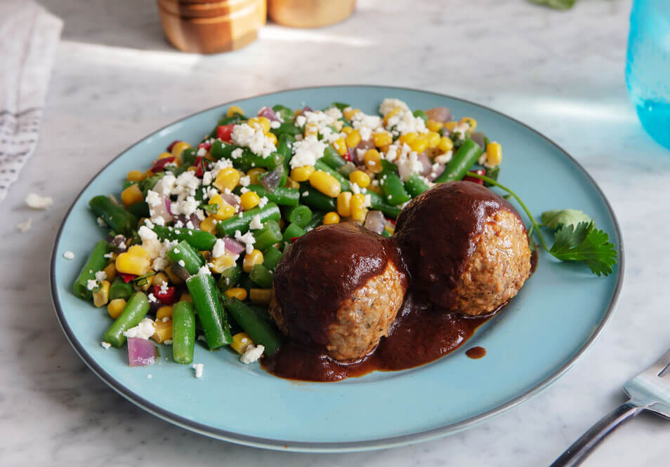 Mexican Mole Grass-Fed Yak Meatballs with Street Corn and Green Bean Salad
