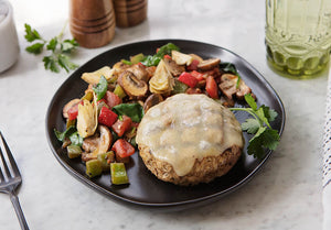 Organic Free-Range Turkey Burger with Mozzarella and Summer Vegetable Saute