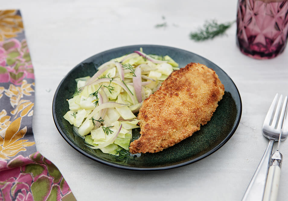 Mustard Breaded Chicken with Braised Cabbage