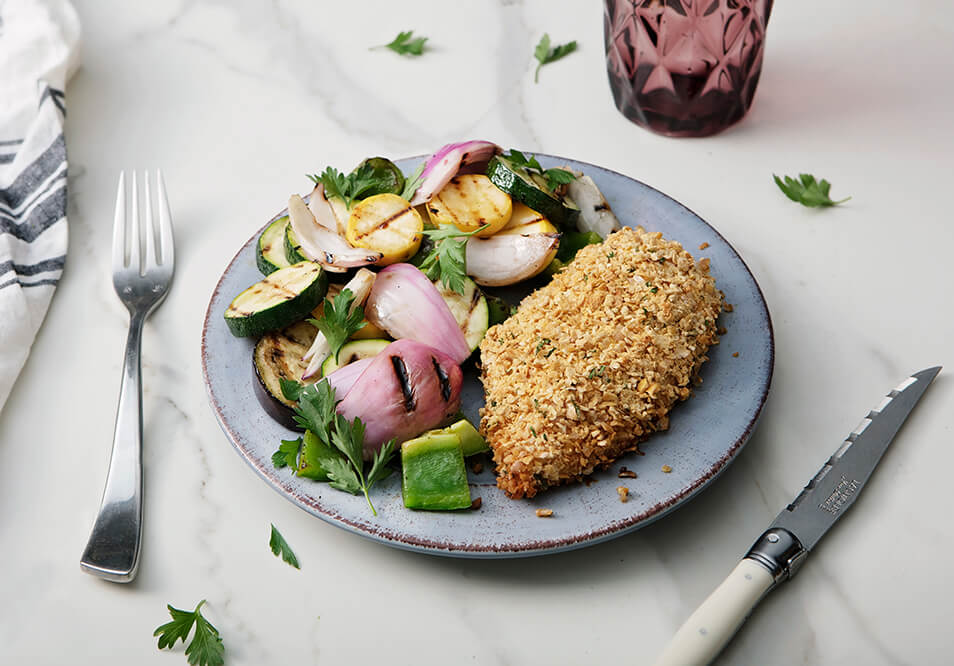 Mustard Breaded Chicken with Grilled Summer Vegetables