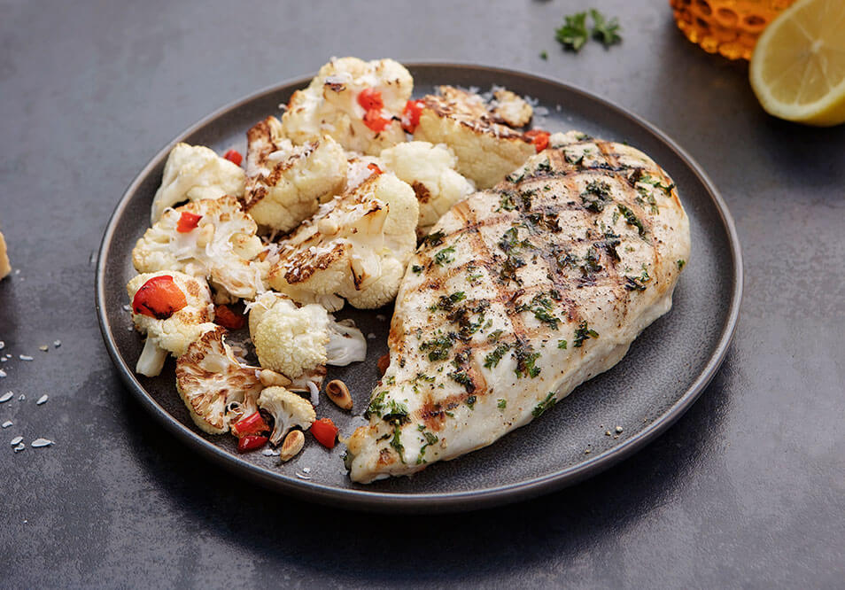 Meyer Lemon-Pepper Chicken with Roasted Parmesan Cauliflower