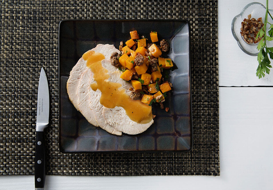 Baked Turkey Breast, Sage Gravy with Butternut Squash and Dates