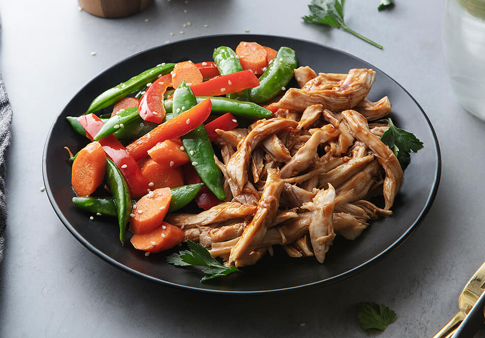 Shredded Orange Chicken with Sesame Stir-Fry Veggies