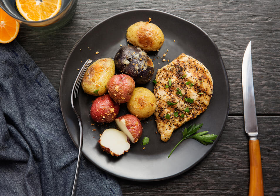 Orange Pepper Chicken with Parmesan-Crusted Fingerling Potatoes