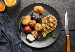 Orange Pepper Chicken with Parmesan-Crusted Fingerling Potatoes