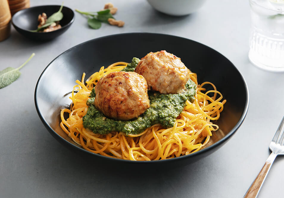 Organic Free-Range Turkey Meatballs with Butternut Noodles and Sage Walnut Pesto