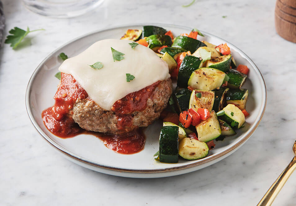 Organic Free-Range Turkey Parmesan Burger with Zesty Zucchini and Roasted Red Peppers