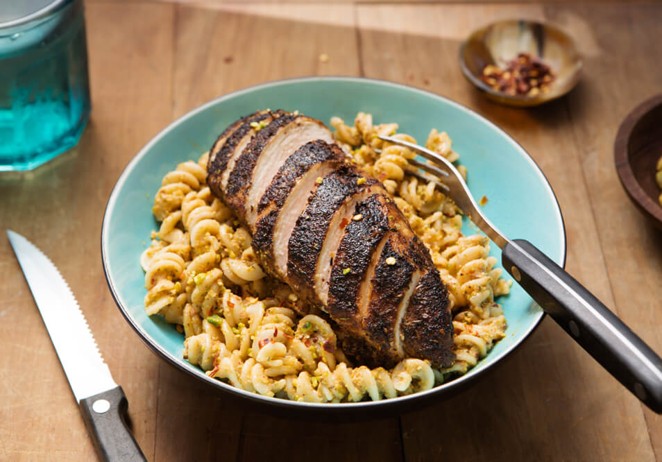 Organic Brown Rice Pasta, Blackened Chicken Breast and Pistachio Pesto