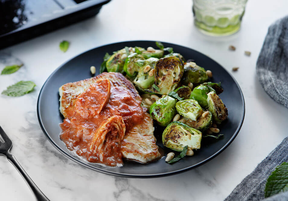 Organic Turkey Cutlet with Paleo Creamy Tomato Sauce and Lemon-Roasted Brussels Sprouts