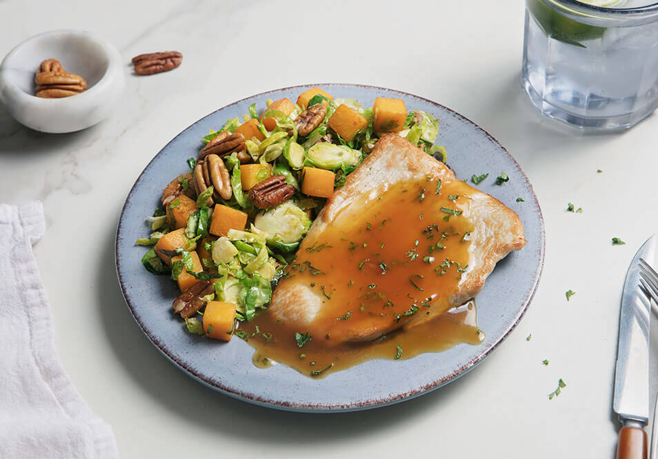 Organic Turkey Cutlet with Savory Herb Gravy, Shredded Brussels Sprouts, Butternut Squash and Spiced Pecans