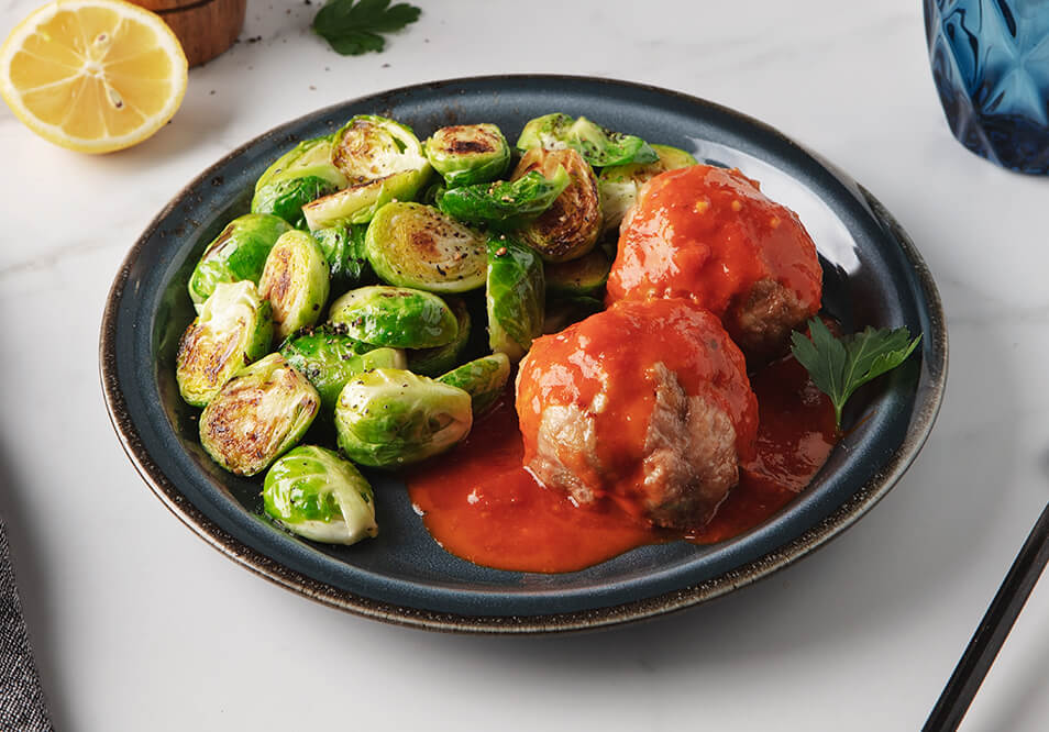 Organic Turkey Meatballs with Garden Tomato Sauce and Lemon-Pepper Brussels Sprouts